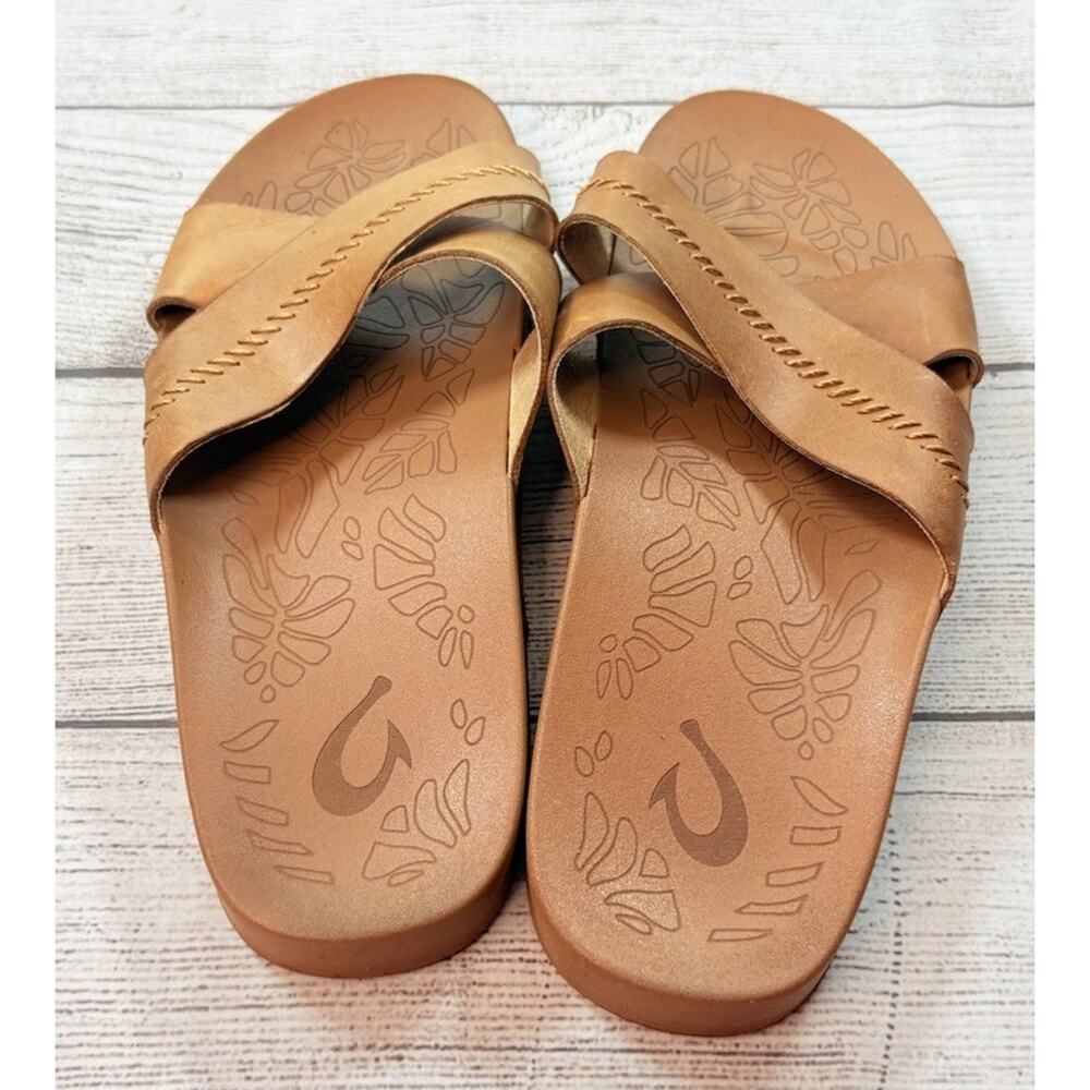 OluKai Women’s Kipe'a Olu Sandals Beige Leather Slide Comfort Slip On Size 11 - Picture 3 of 7